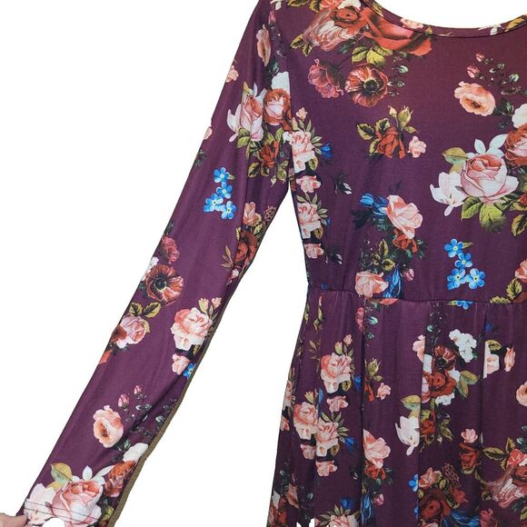 Bluetime Medium Red Floral Swing Dress Pullover Cotton Blend Stretch Waist BOHO - Picture 10 of 13